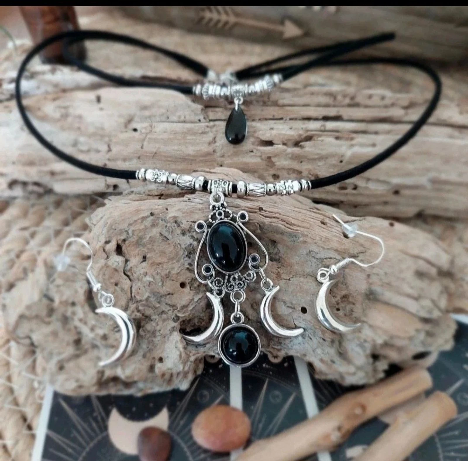Parure boho mystique doublerangs triple lune obsidiana, preto – photo 6